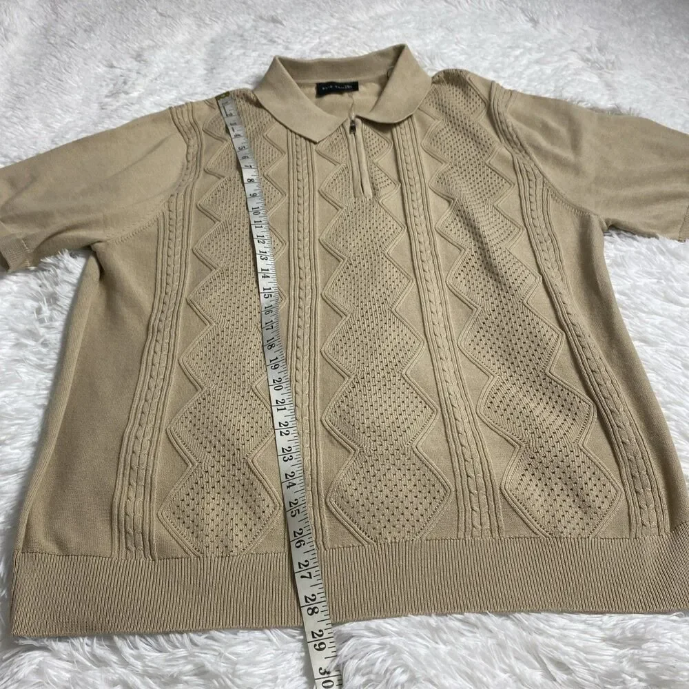 Elie Tahari Polo Shirt Sweater Mens XL Beige Tan Textured Knit Short Sleeve Zip